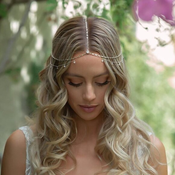 Rhinestone Head Chain Copper Wedding Bridal Headpiece Layered Festival Prom Hair